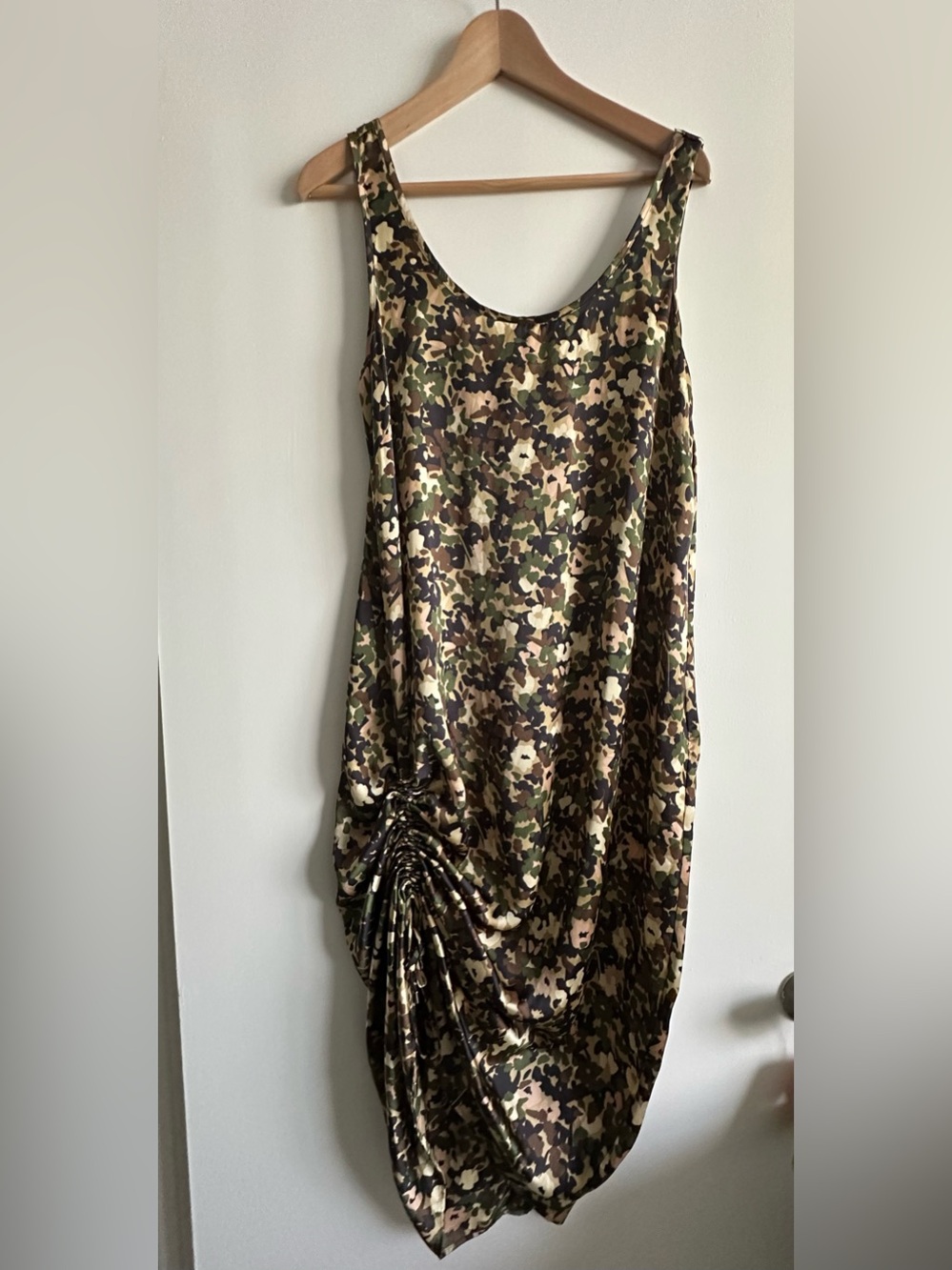 Zara Green & Tan Camo Asymmetrical Ruched Dress
